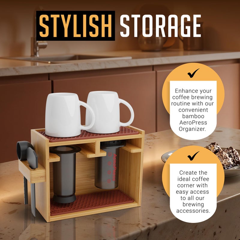 HEXNUB â€“ Bamboo Organizer for AeroPress, Coffee Caddy Station Holds AeroPress Coffee Maker, Accessories, Filters, Cups, Stand includes Dripper Mats (Brown) - Image 4